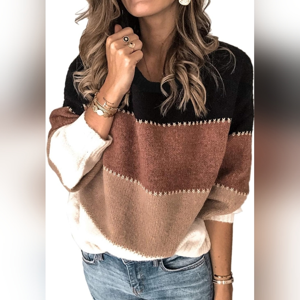 Angashion Women's Sweaters Casual Long‎ Sleeve Crewneck Color Block Pullover